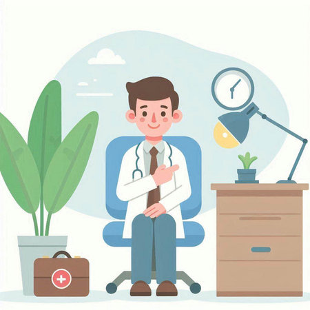 Doctor sitting at his desk in his office. Vector flat illustration.のイラスト素材