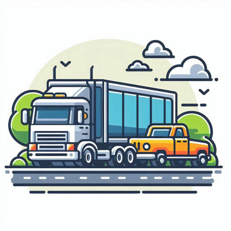 Vector illustration of semi-trailer truck on the road in flat line style.のイラスト素材