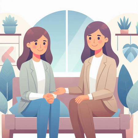 Two businesswomen sitting on sofa in office and shaking hands. Vector illustration.のイラスト素材