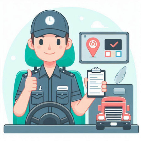 Illustration of a female auto mechanic holding a clipboard and showing thumbs upのイラスト素材