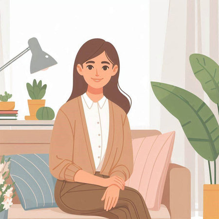 Young woman sitting on sofa in living room at home. Vector illustration.のイラスト素材