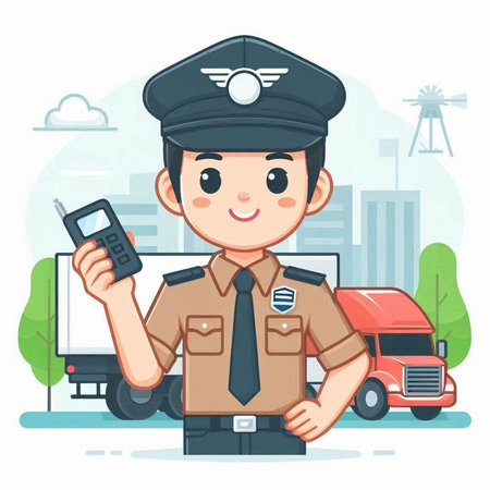 Policeman holding car key and mobile phone. Vector illustration.のイラスト素材
