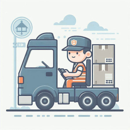Delivery man using mobile phone in the truck. Flat design vector illustration.のイラスト素材