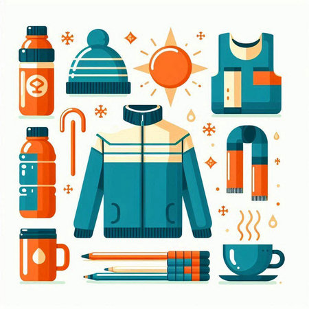 Set of different winter clothes and accessories. Vector illustration in flat styleのイラスト素材