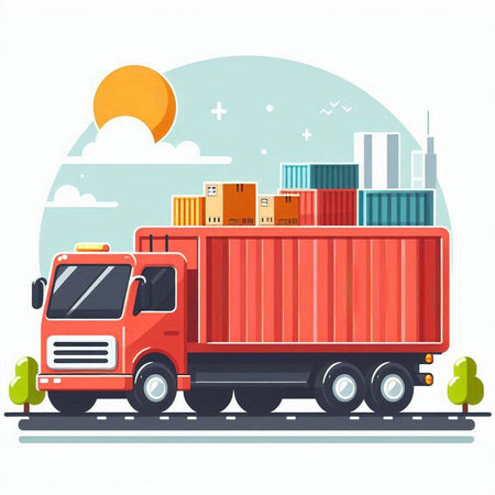 Truck with containers on the road in the city. Vector illustration.のイラスト素材