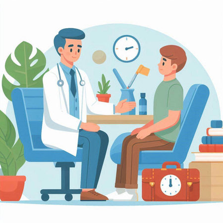 Doctor and patient in the office. Flat style vector illustration isolated on white background.のイラスト素材