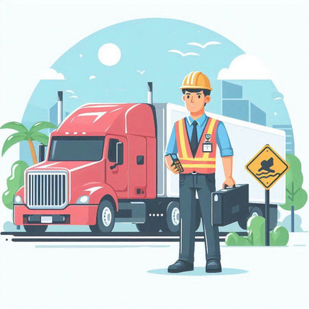 Vector illustration of a delivery man in a helmet and uniform with a truck.のイラスト素材
