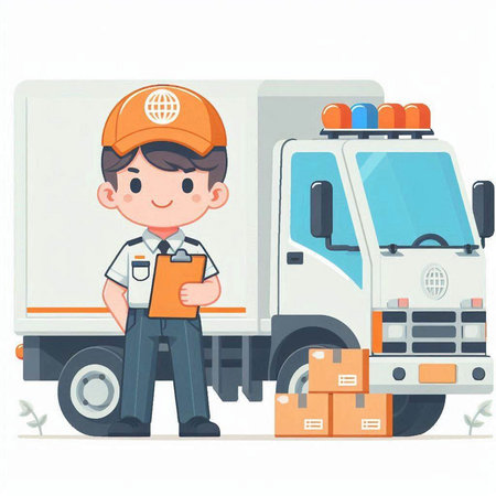 Delivery man in uniform and helmet with clipboard and truck. Vector illustrationのイラスト素材