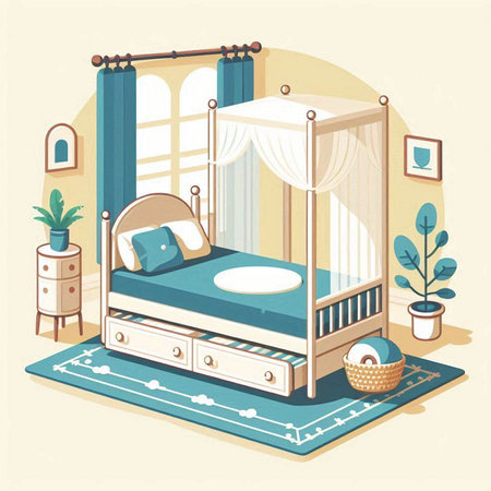 Bedroom interior isometric vector illustration. Bedroom in flat style.のイラスト素材