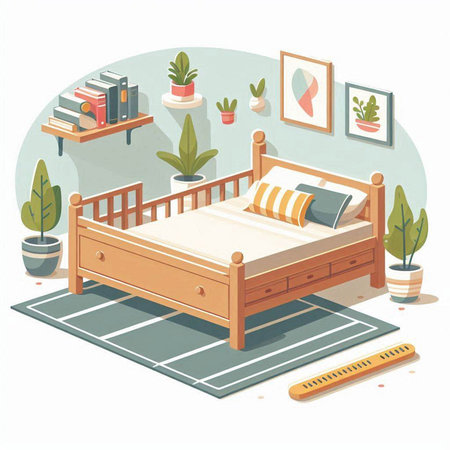 Bedroom interior isometric composition with furniture and plants isolated vector illustrationのイラスト素材