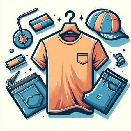 T-shirt and other summer clothing and accessories. Vector illustration.のイラスト素材
