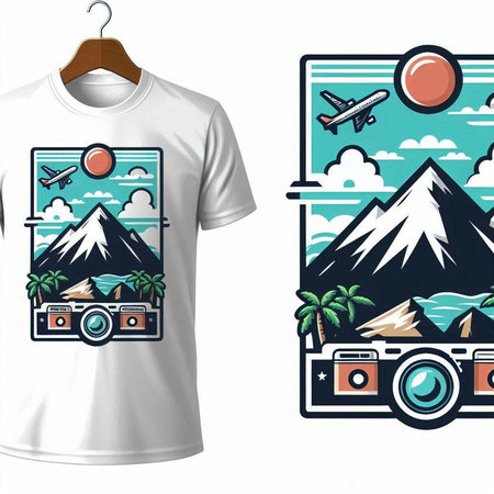 T-shirt print design with airplane, mountains and palm trees illustrationのイラスト素材
