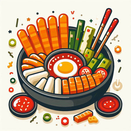 Illustration of Japanese food in bowl with chopsticks and fried eggのイラスト素材