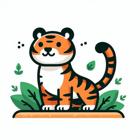 Cute tiger sitting on the grass. Vector illustration in cartoon style.のイラスト素材