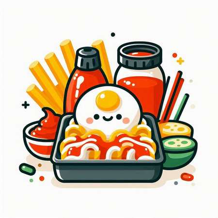 Illustration of Japanese lunch box with fried egg, sauce and chopsticksのイラスト素材