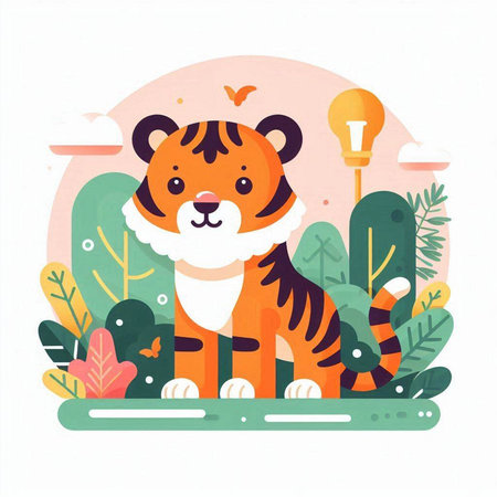 Cute tiger in the forest. Vector illustration in flat style.のイラスト素材