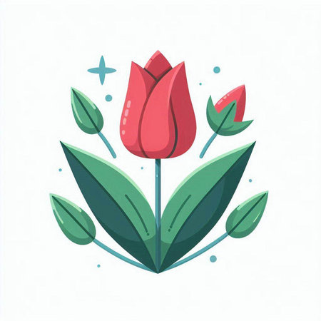 Red tulip flower with green leaves isolated on white background. Flat vector illustration.のイラスト素材