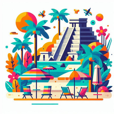 Vector illustration of a summer beach with palm trees, sunbeds, umbrellas, sun loungers and the pyramid of Chichen Itza.のイラスト素材