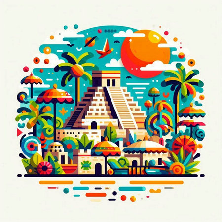 Mayan pyramid in the circle of palm trees. Vector illustration.のイラスト素材