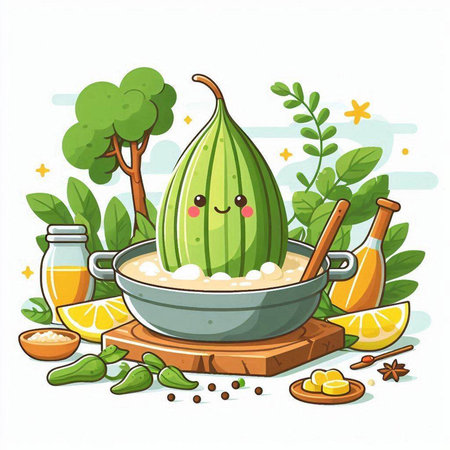 Cute cartoon cactus character in a bowl with ingredients for cookingのイラスト素材