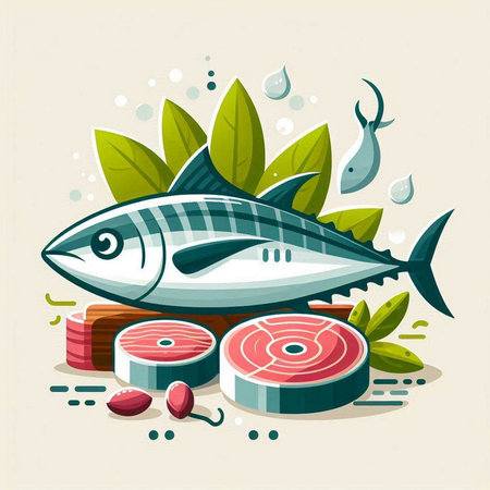 Vector illustration of tuna fish with vegetables and greens. Seafood concept.のイラスト素材