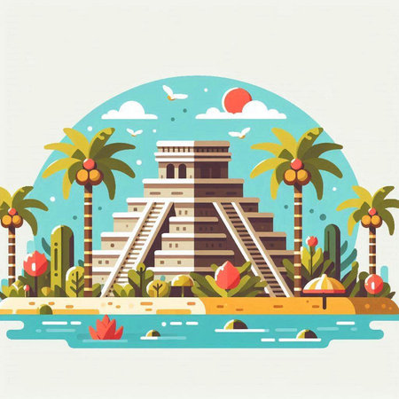 Ancient Mayan pyramid and palm trees in flat style. Vector illustration.のイラスト素材