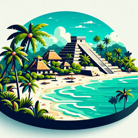 Mayan pyramid on the beach in Mexico. Vector illustration. Eps 10のイラスト素材