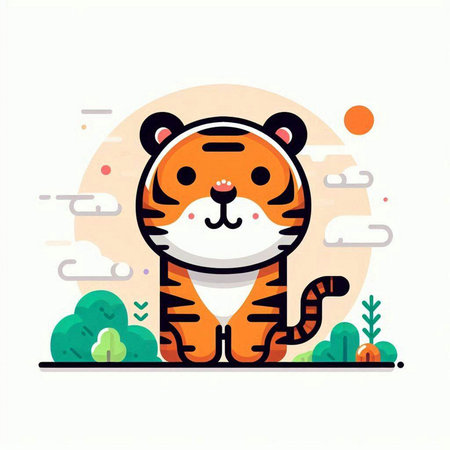Cute tiger in the park. Vector illustration. Flat design.のイラスト素材