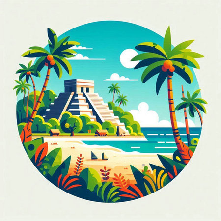 Mayan pyramid on the beach. Vector illustration in retro style.のイラスト素材