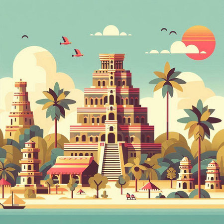 Pagoda on the beach. Vector illustration in retro style.のイラスト素材