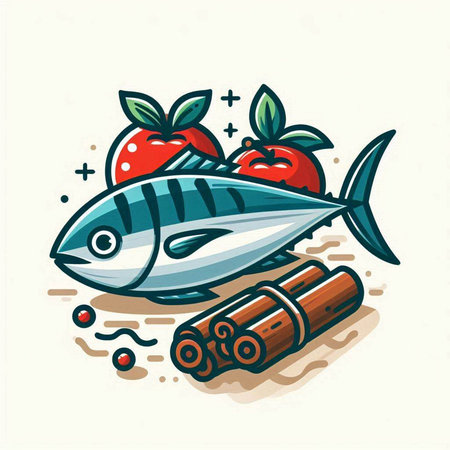 Vector illustration of a mackerel with tomato, pepper and cinnamon.のイラスト素材