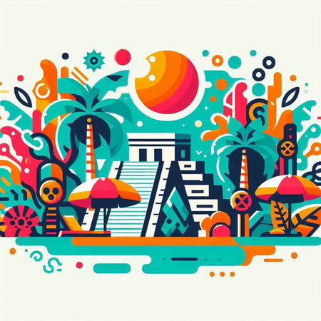 Vector illustration of colorful abstract background with palm tree, sun, island, sand, sun loungers and other elementsのイラスト素材