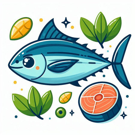 Vector illustration of a tuna fish with lemon, lime and leaves.のイラスト素材