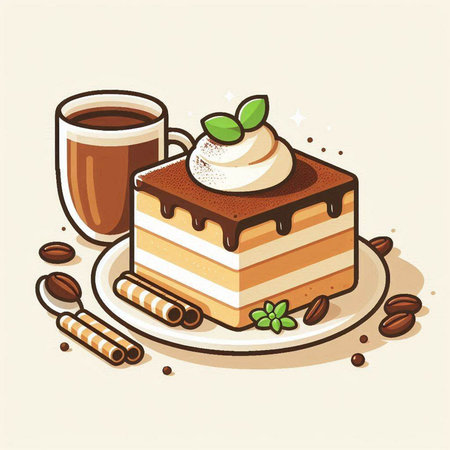 Vector illustration of a piece of cake and a cup of coffee.のイラスト素材