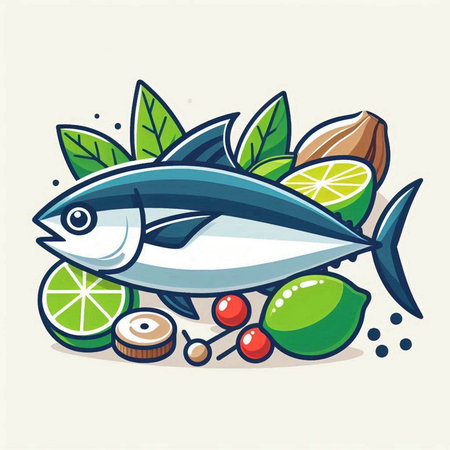 Tuna fish with lemon, lime and herbs. Vector illustration.のイラスト素材