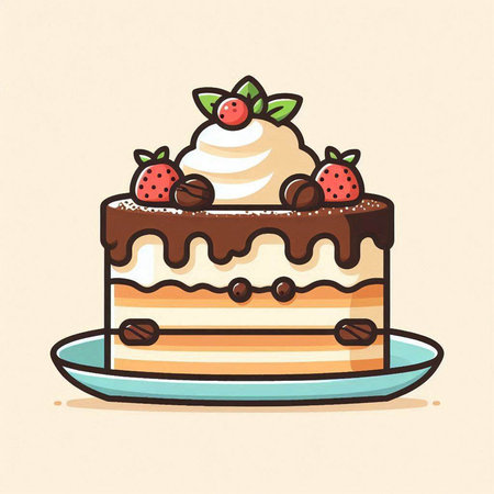 Cake with cream, strawberry and mint. Hand drawn vector illustration.のイラスト素材