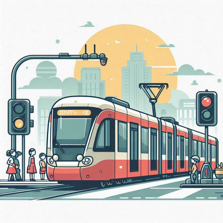 Train on the city street. Vector illustration in flat design style.のイラスト素材