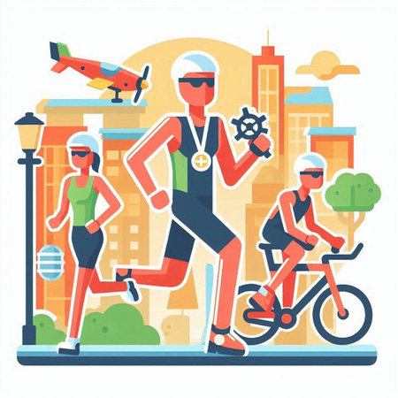 Sportive men and women running in the city. Vector flat illustrationのイラスト素材