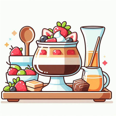 Chocolate pudding with strawberries and cream. Vector illustration in cartoon style.のイラスト素材