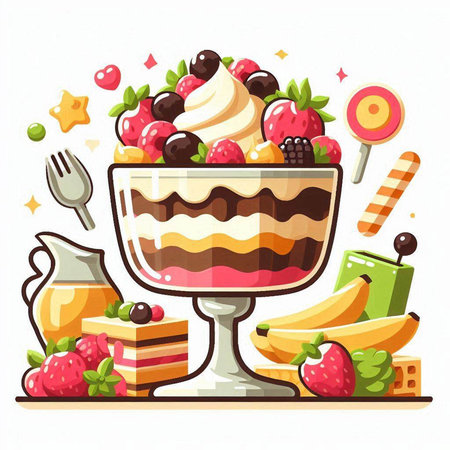 Vector illustration of dessert in a glass bowl with ice cream, berries, fruits and sweets.のイラスト素材