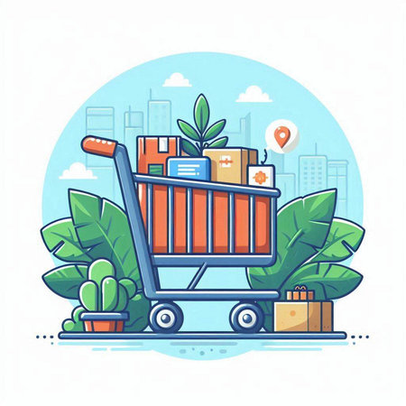 Vector illustration of shopping cart with boxes in flat line style. Delivery service concept.のイラスト素材