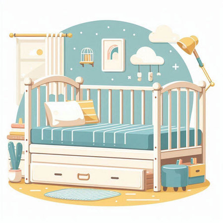 Illustration of a cute baby room with a bed and a lampのイラスト素材