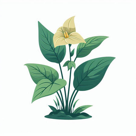 Illustration of a white flower with green leaves on a white backgroundのイラスト素材