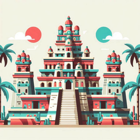 Vector illustration of Hindu temple in flat style with palms and sun.のイラスト素材