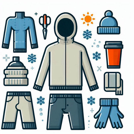 Winter clothes and accessories icon set. Vector illustration in cartoon style.のイラスト素材