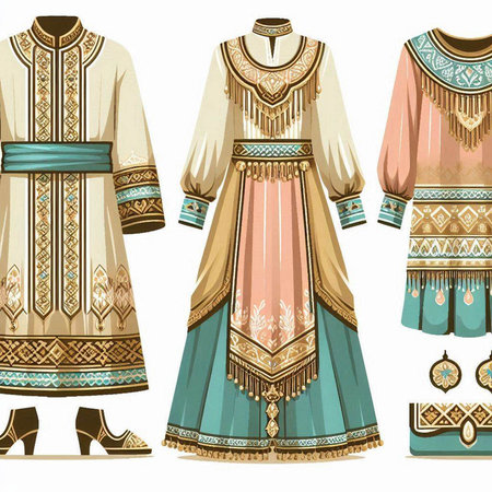 Illustration set of ethnic clothes and accessories in vintage style. Vector illustration.のイラスト素材
