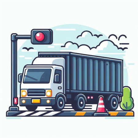 Cargo truck with traffic light on the road. Vector illustration.のイラスト素材