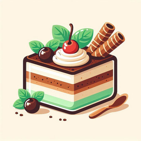 Vector illustration of a piece of cake with whipped cream, chocolate and cherry.のイラスト素材