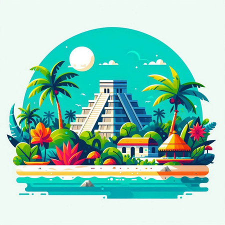 Mayan pyramid on the seashore. Vector illustration in flat styleのイラスト素材