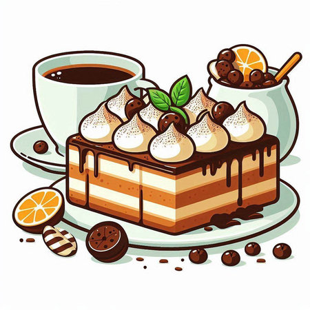 Illustration of a piece of cake with whipped cream and cup of coffeeのイラスト素材